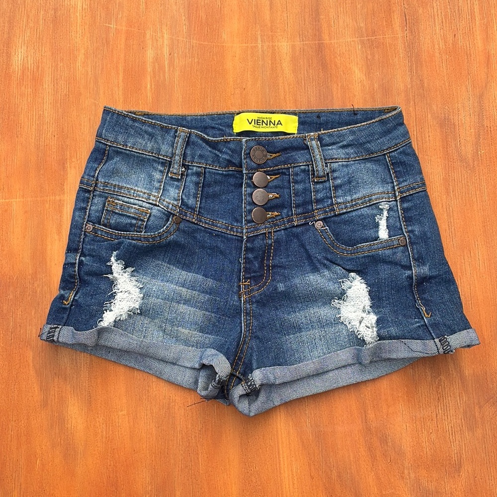 VIENNA High Rise Distress Denim Jeans Booty Shorts - 0 (W24,)